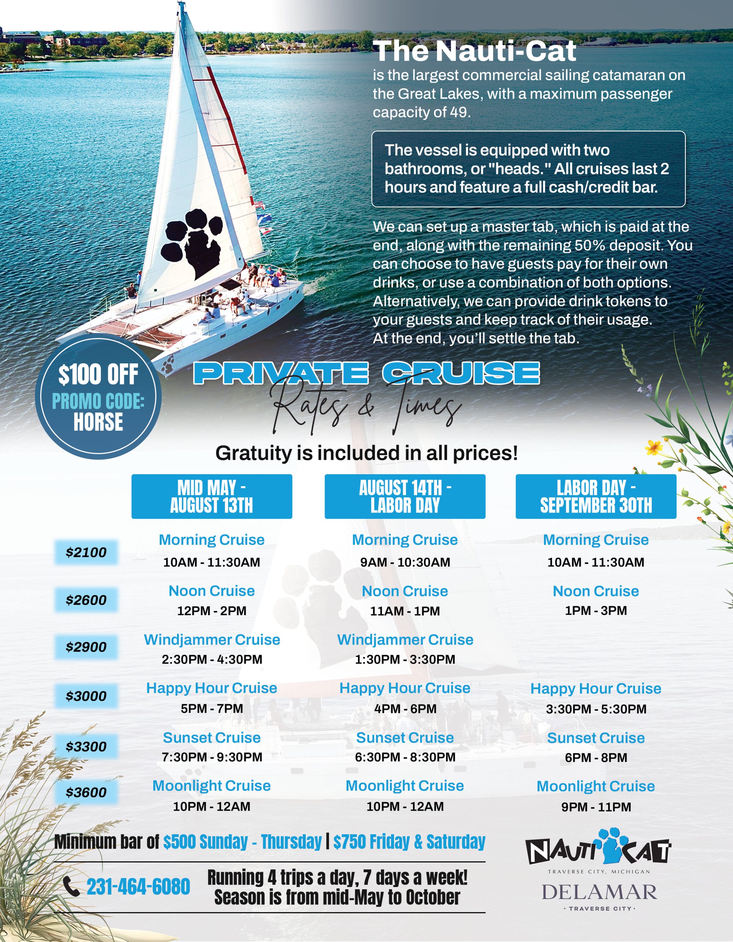 Flyer for Nauti-Cat cruises with a catamaran image, rates, times, and promo code 'HORSE' for $100 off.