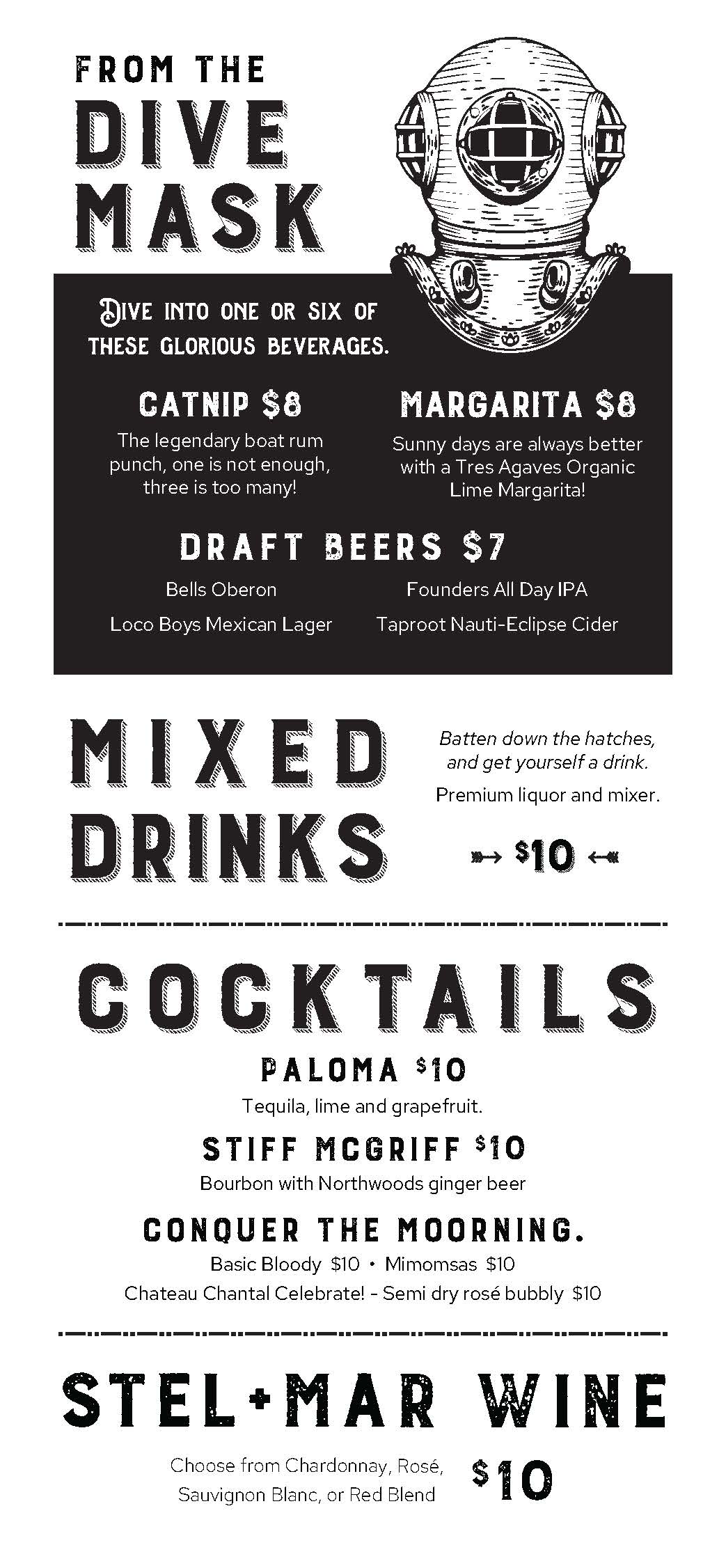 Menu listing cocktails, beer, and wine with prices ranging $6-$10.