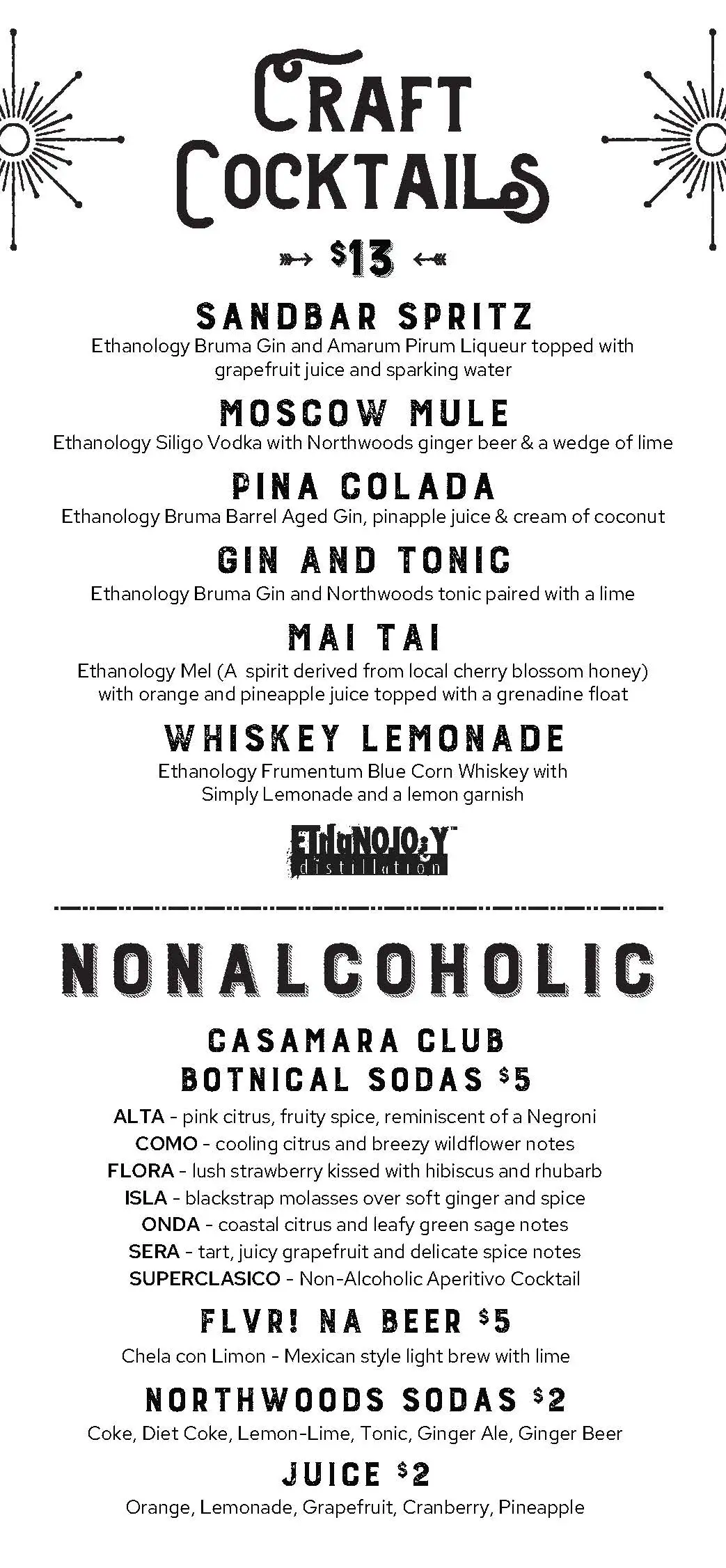 Menu with craft cocktails and non-alcoholic drinks, including a Sandbar Spritz and Moscow Mule.